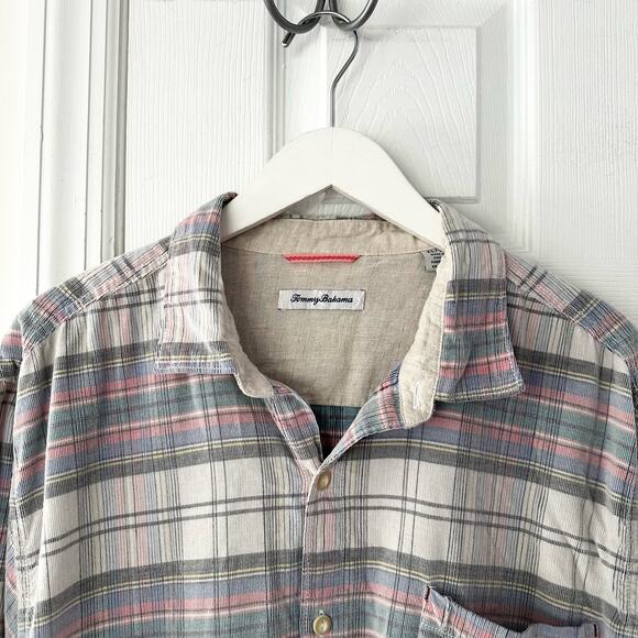 Tommy Bahama Men Becket Bay Blue Grey Continental Plaid Cord Button Up Shirt XL - Picture 3 of 16